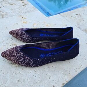 Rothy's Women's W7 The Point Flat Shoes Navy‎ Midnight Metallic Knit Loafers